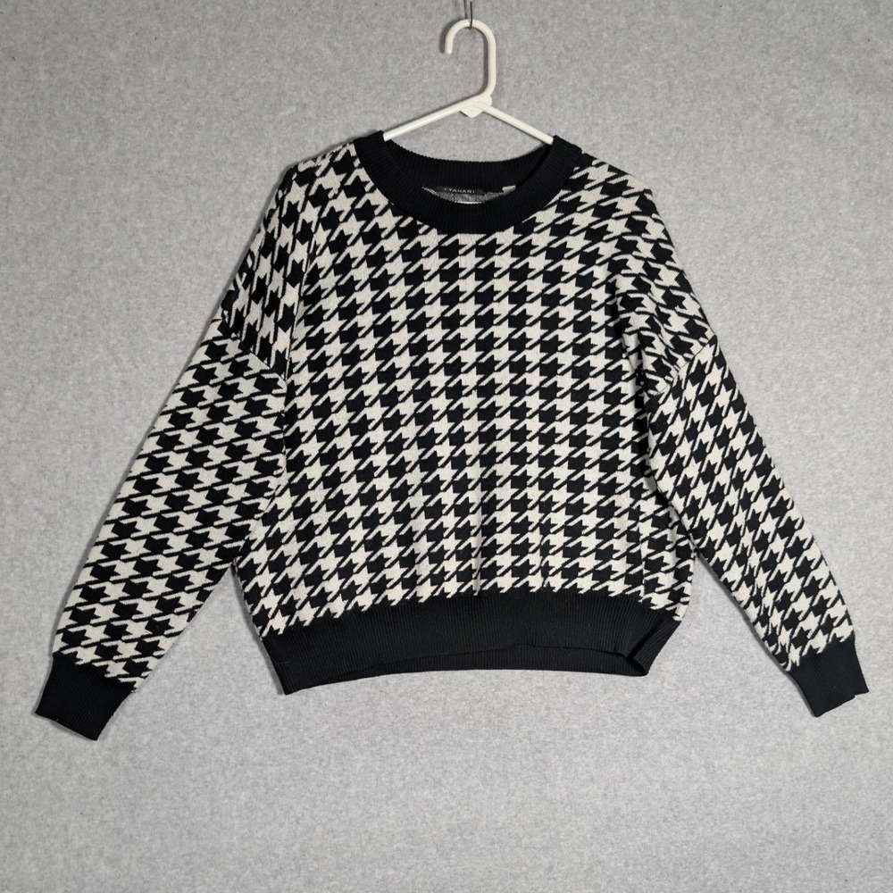T Tahari Houndstooth Sweater Women Large Black White Crewneck Knit‎ Indie Sleaze